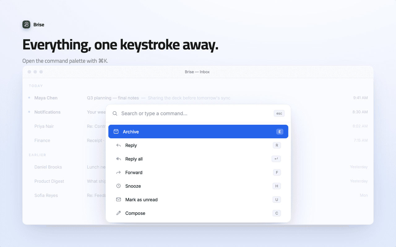 The Brise command palette open over Gmail, with a search field and a list of quick actions