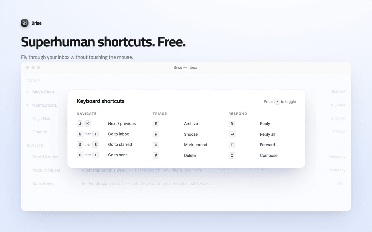 Brise keyboard shortcut cheat sheet overlaid on Gmail, listing key bindings for common actions