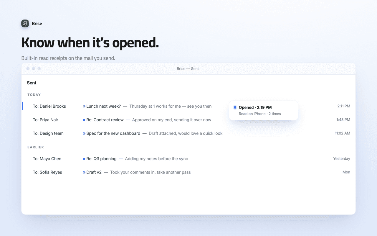 A read-receipt indicator in Brise showing that a sent email has been opened, with a timestamp